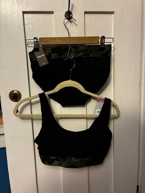 Tommy John Black Bralette & Brief Set with Green Camo Trim
